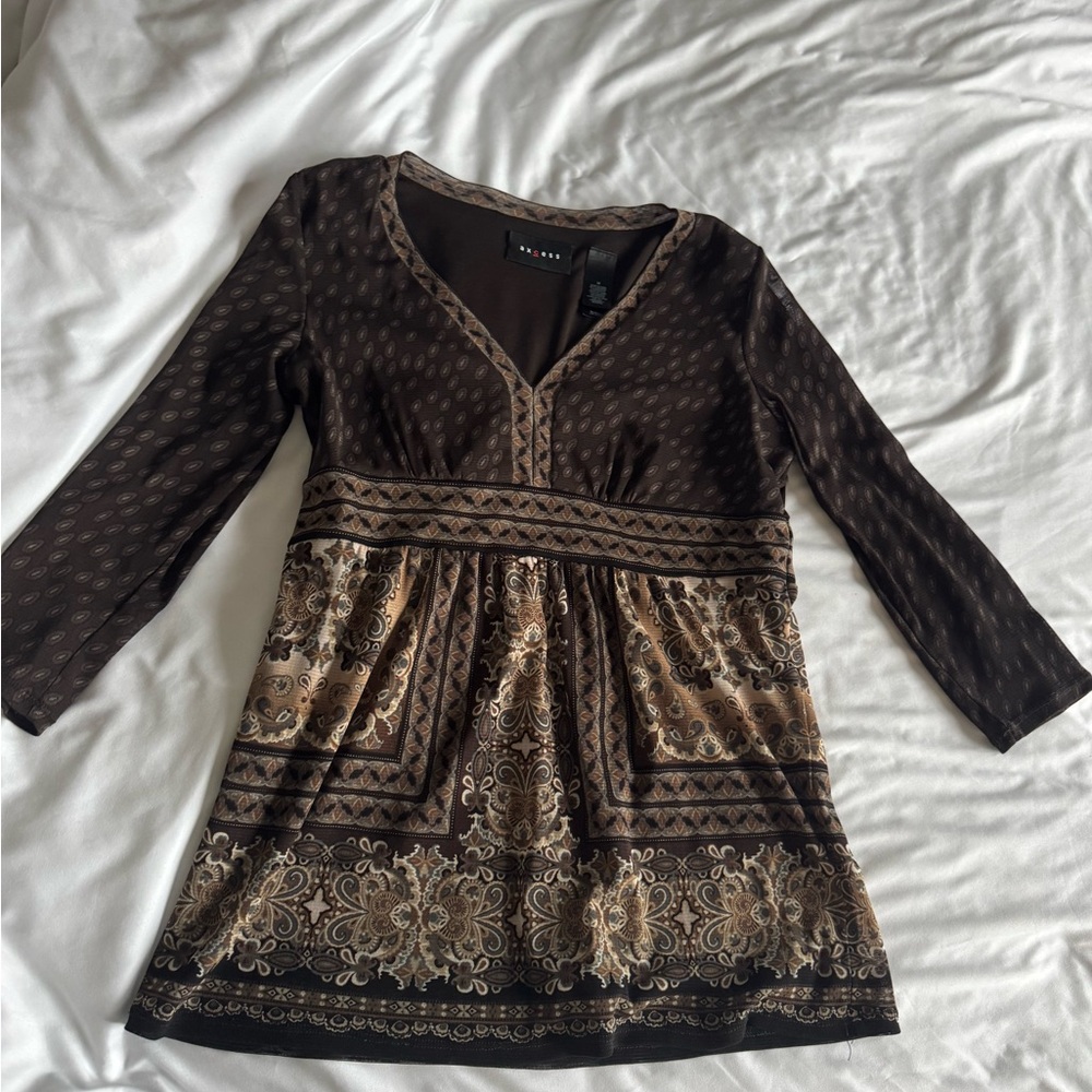 Brown and Tan Patterned Tunic Top